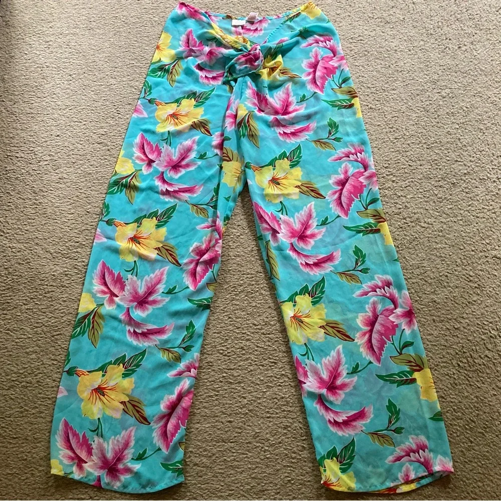 VTG Victoria’s Secret Sheer Tropical Floral Tie Front Flowy Sarong Like Pants, M